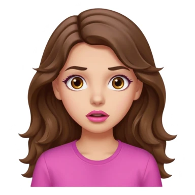 girl with long wavy brown hair, brown eyes, light to medium complexion, in a pink shirt, pink lips, long lashes, surprised sticker