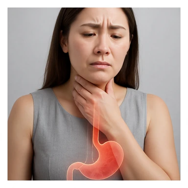 Realistic medical style image of a woman identical to the reference photo, hand on throat, expression of discomfort, with a glowing or reddish effect rising from the stomach to the esophagus. sticker