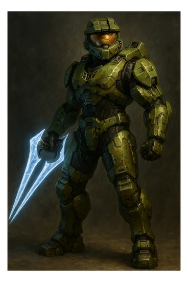 Master Chief from Halo, holding an energy sword, futuristic armor, green and gold accents, heroic stance sticker