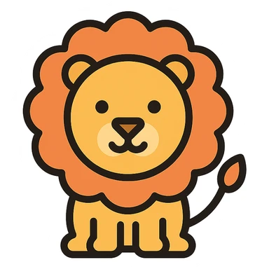 Create a cute lion with a round face, big mane, and friendly expression in lineal color icon style with simple color fills and black outlines. Use a transparent background. sticker
