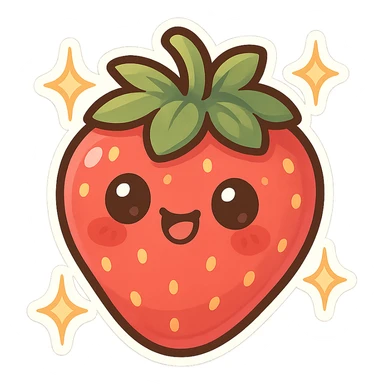 chibi sticker-style strawberry with sparkles, cute and exaggerated sticker