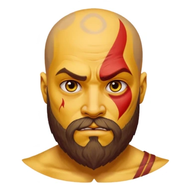 yellow emoji version of Kratos, round yellow face, signature red tattoo, beard, intense eyes, classic emoji look sticker