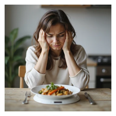 adult woman, photorealistic, diet not working, frustrated expression, sitting at table with food scale and healthy food, looking at plate with disappointment, natural light, kitchen background sticker