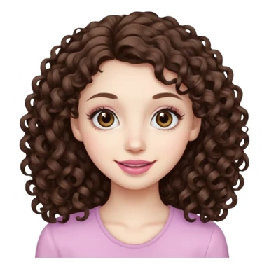 Light brown eyed female with pale skin. She has big eyes, curly and long dark brown hair and thin lips smiling. sticker