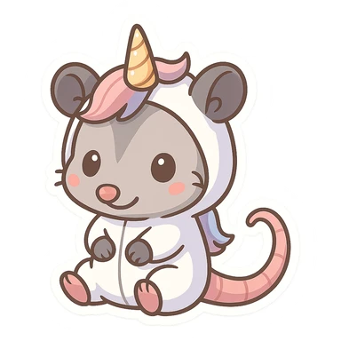 cute cartoon possum dressed up like a unicorn, chibi stickers style sticker