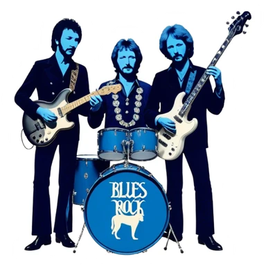 Icon for Blues Rock: collage of the band Cream, with silhouettes of the members (Eric Clapton, Jack Bruce, Ginger Baker) and symbolic items like guitars, drums, and bass. The design should convey the powerful, energetic vibe of the band's music. Transparent background. sticker