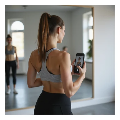 young woman in sportswear, back pose with tied hair, doing video check with smartphone for coach, bright room with large mirror, hyperrealistic details, 4K sticker