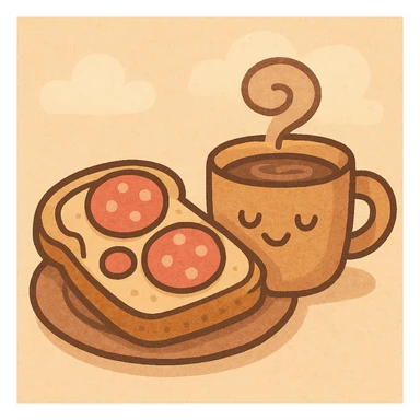 cartoon style breakfast: salami bread and coffee, cheerful, minimal background sticker