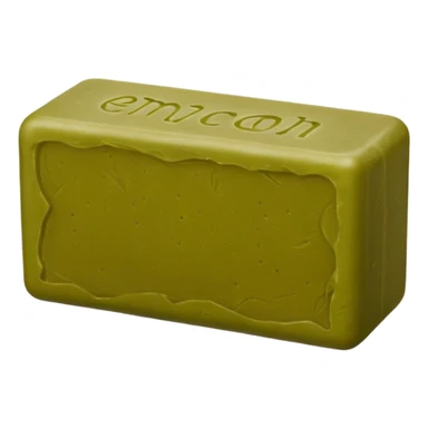 solid rectangular or cube-shaped soap block in warm olive green or brownish tones, matte rustic texture, slightly irregular edges, subtle embossed seal or stamp on surface, no foam or packaging, soft lighting, subtle shadows, emoji scale sticker