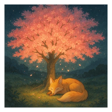 Fox spirit sleeping under a glowing sakura tree. sticker