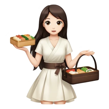 Beautiful woman in 1950’s woman fashion look, white dress, long dark brown hair, Japanese bento sticker