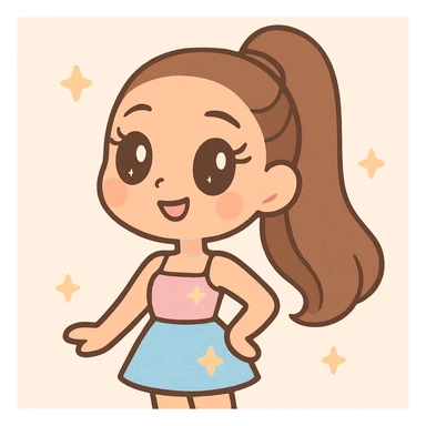 Ariana Grande as a cute cartoon character with signature high ponytail, glamorous makeup, sparkling outfit, pop star vibe sticker