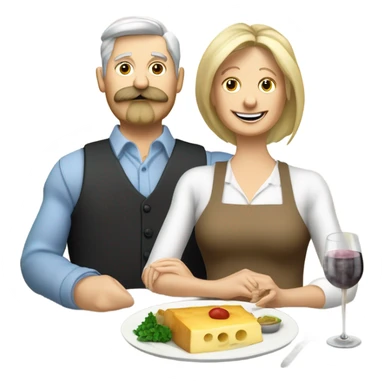 Repas raclette et deux verres de vin blanc en couple 50 ans, femme blonde cheveux aux-dessus des épaules homme petite barbe et moustache grisonnantes et cheveux bruns sticker