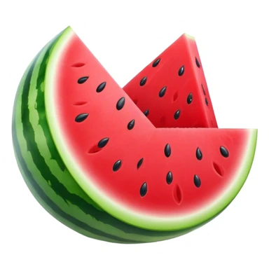 Cinematic juicy watermelon, thick slices revealing vibrant red interior, glossy and glistening with tiny black seeds, fresh and refreshing, soft glowing background, summer vibes. sticker