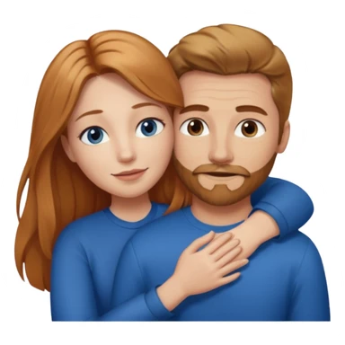 girlfriend with long dark strawberry blonde hair middle part with brown eyes giving hug to man with blue eyes, dark blonde hair and facial hair sticker