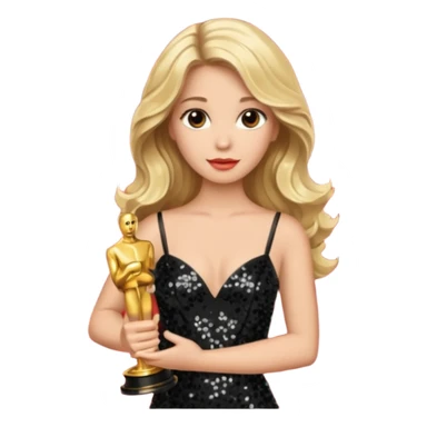 blonde model, brown eyes, long wavy hair, oscars red carpet, black sequin, holding oscar sticker