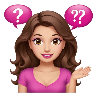 girl with long wavy brown hair, brown eyes, long lashes makeup, sexy pink lips, light to medium complexion, wearing a pink sexy top, shugging, smiling, question mark one speech bubble sticker