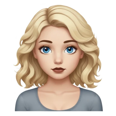 Girl with blue eyes. Blonde wavy hair with dark brown growths down to her chest. Natural eyebrows with the same color as the growths. Painted eyelashes and lips lined with brown liner. With a gray long-sleeved crop top. sticker