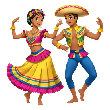 Cinematic Realistic scene of two dancers performing Cumbia, adorned in colorful traditional Colombian costumes with intricate details, captured in rhythmic motion with lively, festive lighting sticker