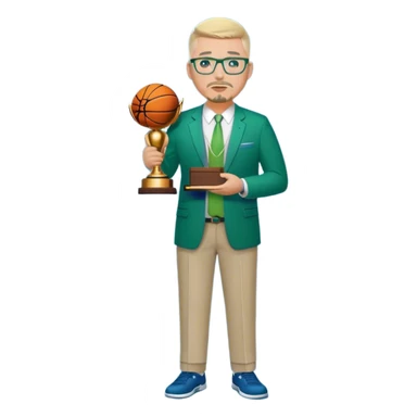 Full Body white male plus size body type  wearing glasses with a goatee with light blonde gray very short hair basketball head Coach in blue and green suit holding trophy sticker