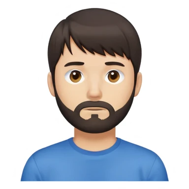 Man with dark brown straight hair and bangs, short beard covering whole face, neutral expression, basic blue t-shirt sticker