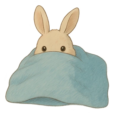 cream bunny lying under blanket, only eyes showing, soft Ghibli style sticker