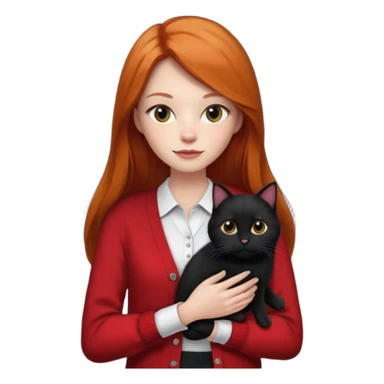 Ginger long straight hair with a red cardigan holding a  1 black cat with a white shirt under the red cardigan sticker
