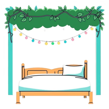 dreamy bed with twinkle lights and leafy vines hanging from above sticker