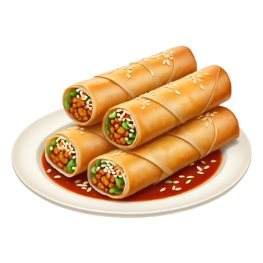 three spring rolls in sauce sticker