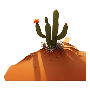 Cinematic Realistic Desert Emoji, Expansive and arid, with vast stretches of golden sand dunes and scattered cacti, the sun casting a warm, almost orange glow over the dry, cracked earth. The horizon blurs into a heat shimmer, while the occasional desert flower adds a splash of color to the barren landscape. Soft glowing outline, capturing the essence of the harsh yet stunning beauty of the desert, calm and quiet, filled with silence and mystery. sticker