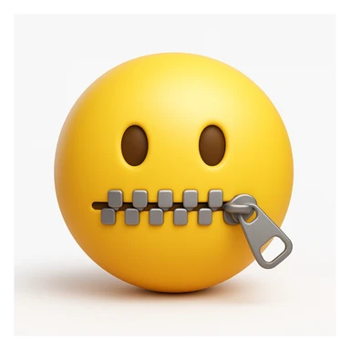 Crea una versione in stile 3D emoji, ispirata a questa immagine: emoji gialla con occhi semplici e bocca chiusa da una cerniera. sticker