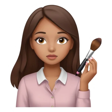 Draw a mixed-race girl applying makeup, wearing a clean girl blouse and with straight brown hair far away  sticker