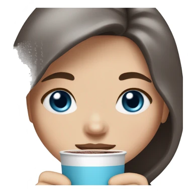 white girl with dark brown long hair, blue eyes and a hot chocolate sticker
