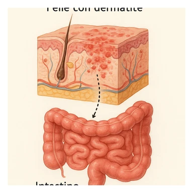 realistic medical illustration showing skin with dermatitis problems visually connected to the intestine, educational and respectful style, with Italian labels, no explicit details sticker