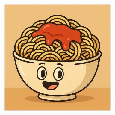 a bowl of spaghetti topped with ketchup, cartoon style, vibrant and fun sticker