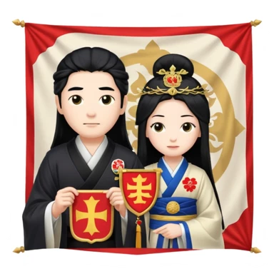 Japanese Castle Lord, Lord standing before a Japanese castle backdrop, holding a banner with family crest. sticker