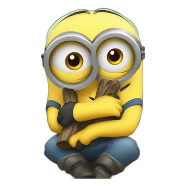 minion cute sitting on a bench and hugging a log sticker