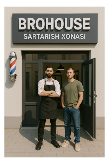 eni shu rasimga boyagi sartaosh oka eshik oldida tursin va tashqarida esa mijoz sticker