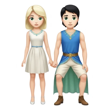 prince, standing upright, black Hair, blue eyes, garment, and woman, bending knee, sleveless white dress, blonde hair, green eyes, sticker