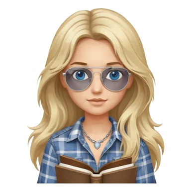 girl with long blond messy hair wearing grey plaid shirt with blue eyes and aviator sunglasses wearing a ring on her silver necklace, holding law books sticker