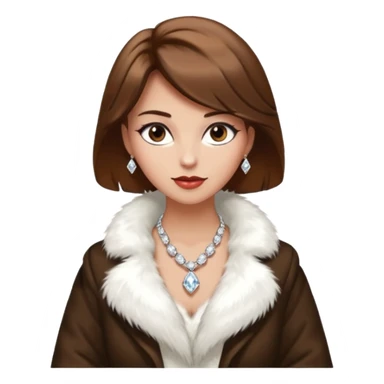 * Character: A stylish lady,brown hair
* ﻿﻿Clothing: A luxurious white fur coat
* ﻿﻿Accessories: A dazzling diamond necklace
* ﻿﻿Expression: Confident, elegant, maybe slightly glamorous
* ﻿﻿Pose: Head slightly tilted or a poised posture
* ﻿﻿Style: Emoji-like, simple but expressive sticker