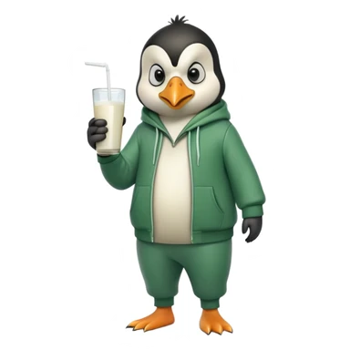 full body portrait of a friendly anthropomorphised penguin wearing a green mafia-style tracksuit, angry, intense brooding posture, holding a glass of milk sticker