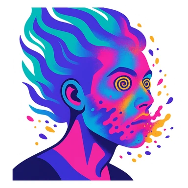 surreal portrait of a person with neon skin, face dissolving in an explosion of colors, airbrush effect, hair as swirling liquid color streams like northern lights, hypnotic spiral eyes, geometric elements along face contour, paint particles flying away, acid purple, turquoise, and electric pink blending, sense of movement sticker
