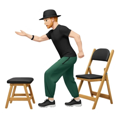 גבר זקן ג'ינג'י מלא כובע שחור הפוך חולמה שחורה ומכנסיים ירוקות ארוכות מבצע תרגיל לאנג' בתמיכת כיסא מהצד שתי רגליים על הרצפה מח^זיק כיסא בידו  תמיכה קלה ידו על משענת הכיסא sticker
