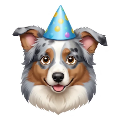 Australian shepherd blue Merle with a party hat sticker