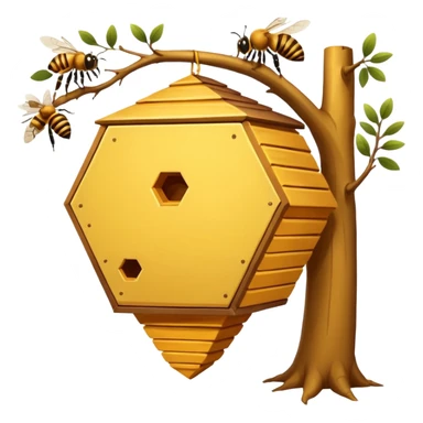 A small hive nestled between tree branches with worker bees. sticker