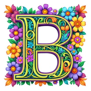 3D, gothic style psychedelic colored Letter D with hippie style flower border sticker