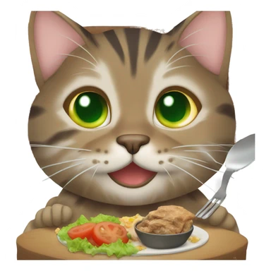 A brown tabby cat with green eyes eating dinner sticker