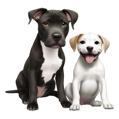 Black mouth cur puppy next to black and white smiling pit bull sticker