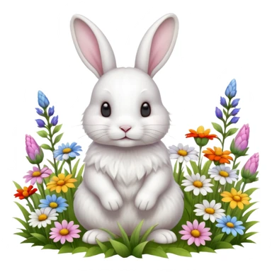 A fluffy white rabbit sitting in a meadow full of colorful flowers, ultra-realistic, high detail, soft morning light sticker